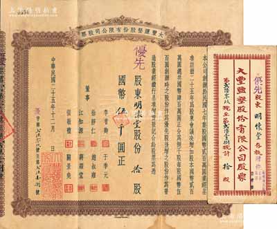 民国二十五年（1936年）大丰盐垦股份有限公司股票，优先股拾股计国币伍千圆，该公司乃清末状元张謇创办于1918年，附带原封套，罕见，八成新