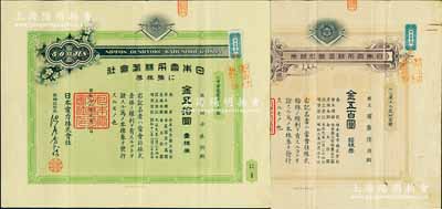 日本电力株式会社株券共2张不同，详分：1928年紫色拾株券金五百圆、1936年绿色壹株券金五拾圆，均有水印，八成新