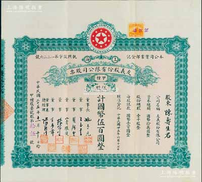 民国二十五年（1936年）上海·友义股份有限公司股票，甲种伍股计国币伍百圆，票上董事周剑云、张石川均为中国第一代电影导演；该公司创办于1936年，其前身即为著名之“明星影片公司”，可谓中国近代电影业之“开山鼻祖”；八五成新