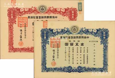 昭和拾叁年（1938年）中支那振兴株式会社株券2种不同，详分：红色壹株券金五拾圆、蓝色拾株券金五百圆，均有水印；该公司属日本侵华在华中及上海之“国策公司”，其总裁儿玉谦次乃日本经济界巨头，亦为横滨正金银行行长；八至九五成新