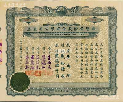 民国卅三年（1944年）华隆保险股份有限公司股票，贰拾肆股计股银贰万肆千圆，上印双龙地球图，票上董事王伯元乃上海滩金业大王、荣鸿三乃无锡荣氏家族（荣宗敬之次子，荣毅仁堂兄），而承购股东亦为董事王禹卿氏（近代著名实业家、无锡“蠡园”主人）；是项老股票乃源于王禹卿先生后裔所提供，且附带原封套，尤为值得珍视，八五成新