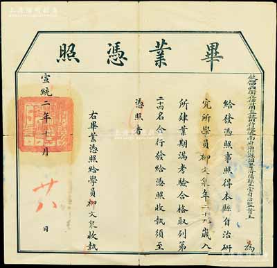 宣统二年（1910年）山东济阳县自治研究所“毕业凭照”1张，由“钦加四品在任升用直隶州特授济南府淄川县调署济阳县正堂自治监督王”所颁发给柳文泉氏；另附柳文泉氏1913年山东养成所毕业证书1张、1927年柳家地契1份；保存尚佳，敬请预览