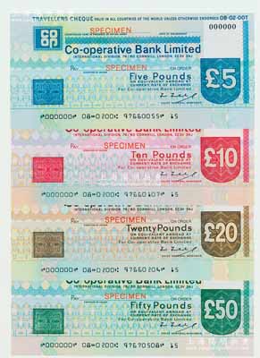 1976年（英国伦敦）合作银行旅行支票5、10、20、50英镑样本券共4枚全套，附带有原册，九五成新