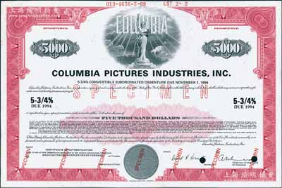 1969年（美国）哥伦比亚电影公司5000债券美元样本，至1994年到期，年息5.75%，票上印有其特色的“自由女神”标志图，雕刻版印制精美；此乃全球最为著名、历史悠久的电影公司，现属2018年世界500强第97名索尼之下属公司；美国藏家出品，少见，全新