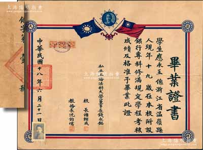 民国十八年（1929年）“私立上海法科大学”毕业证书1张，其编号为“银字第壹号”，颁给浙江温岭籍学生应永玉氏（上海儿童图书馆创始人，被誉为“中国抗战捐款第一人”），由董事长钱永铭（著名银行家，曾任交通银行董事长）、校长褚辅成（九三学社发起人之一，中国著名社会活动家）、教务长沈钧儒（曾任中国民主同盟中央主席）签署；此种名人毕业证书存世罕见，且又为昔年发行之第1号，实可谓乃“难得珍