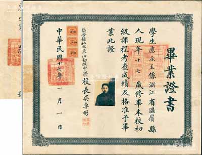 民国十七年（1928年）“临海县私立东山初级中学”毕业证书1张，其编号为“东字第叁号”，颁给浙江温岭籍学生应永玉氏（上海儿童图书馆创始人，被誉为“中国抗战捐款第一人”），由校长吴卓彬签署；此种名人毕业证书存世罕见，保存甚佳，敬请预览和珍视