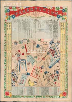 民国四年（1915年）“印花税票总发行所月份牌”一张，尺寸380×540mm，上印印花税摘要，正中主图印有各式贴税票之单据（内含各式汇票、借据、存单、护照、股票、保险单、账本、契约等），下方则印有中国银行、交通银行、新华储蓄银行和财政部印刷局广告，内涵丰富、形制美观；此种印花税票总发行所月份牌，诚属我国正式开征印花税之重要历史见证，亦属首度公诸于拍卖，堪称极致佳品，值得珍视和典