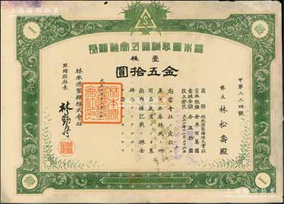 大正三年（1914年）林本源制糖株式会社株券，壹株金五拾圆，票上取缔役社长林鹤寿（厦门鼓浪屿八卦楼主人）、株主林松寿均为台湾首富林熊征之子；该公司属清末民国台湾首富“板桥林家”林本源家族企业，至1927年2月被并入盐水港制糖株式会社；台湾老股票之罕见品，亦属首度公诸于阳明拍卖，有水印，八成新