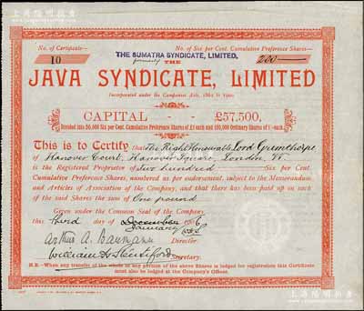 1904年爪哇辛迪加（橡皮）有限公司股票，优先股200股（每股1先令），该公司与晚清上海“橡皮股票风潮”相关，少见，八五成新