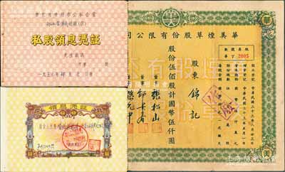 中国烟草业老股票2种，详分：1944年华美烟草股份有限公司股票，伍佰股计国币伍仟圆；1959年广东省广州市“公私合营华成烟厂”私股领息凭证1册，股金人民币277149元，其承购股东为中一制烟厂，内印喜字及游行图极富社会主义特色；八成新