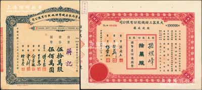 上海老股票2种，详分：1947年大生第三纺织股份有限公司股款收据，拾万股计国币壹佰万圆，其承购股东孙煜峰乃民国著名实业家、收藏家；1948年新光标准内衣染织整理厂股票，伍拾万股计国币伍佰万圆，票上董事长即上海滩“衬衫大王”傅良骏氏；九成新