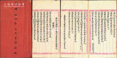 民国拾四年（1925年）广州双门底下（岭南第一街）“裕泰”商号《乙丑年结总册》1册，内中有15页详细记录进数列、支数列、存数列、欠数列等四柱账目，内中账务数目巨大，当属大商号之历史遗物；此年结册内有梅兰竹菊为纹饰，整体毛笔文字俊秀，堪称难得佳品，保存甚佳，敬请预览和重视