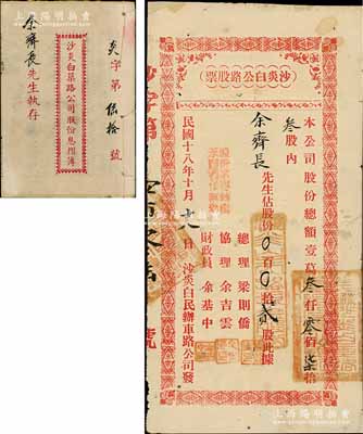 民国十八年（1929年）沙炎白公路（自牛眠沙起经百炎至台山白沙止）股票，占股份贰股，且附带原息摺簿；广东开平县公路老股票，少见，背有贴补，七成新