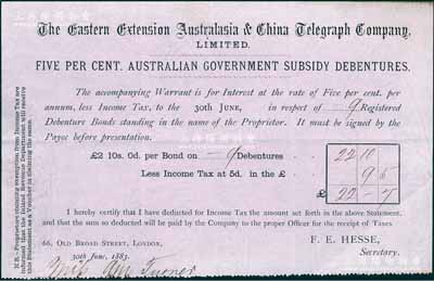 1883年英商大东电报公司股息收据1枚，内有水印；该公司在英国驻华公使、著名汉学家威妥玛的倡导下成立，曾一度垄断中国电报业务，但其老股票实物迄今未见；英国藏家出品，罕见且属首度公诸于拍卖，八成新