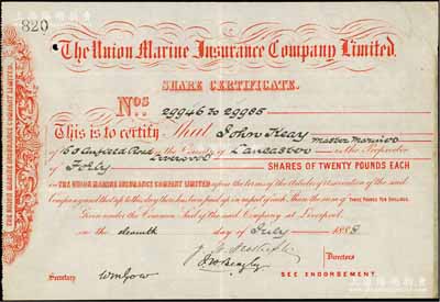 1888年（英国）尤宁水险公司股票，面额40股（每股20英镑）；此乃在华著名之外商保险公司，自清末即已进入中国，至1915年在上海设立分公司；海外藏家出品，罕见，八成新