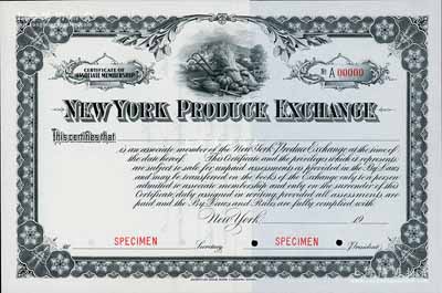 1900至1910年间纽约物品交易所·交易商席位证书1张，属未发行之样本券，雕刻版印刷，源于美国钞票公司档案；此乃美国最早的商品交易所之一，即今著名的纽约商业交易所之前身；美国著名藏家出品，珍罕，全新（另附带该交易所之详尽历史资料一份）