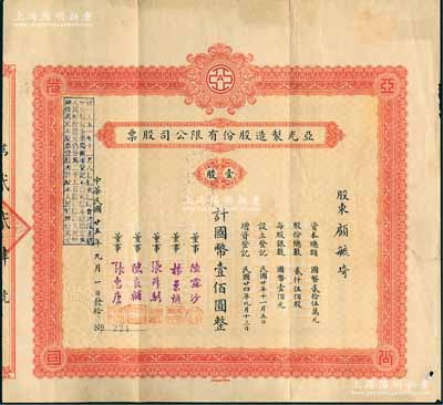 民国廿五年（1936年）亚光制造股份有限公司股票，壹股计国币壹佰圆，其承购股东顾毓琦氏乃上海名医（曾任同德医学院院长），而票上董事张叔驯乃“南浔四象”张氏家族子弟、中国古钱币收藏一代宗师；该公司以生产电器胶木、电玉产品而著称，1956年公私合营后，易名亚光胶木厂；罕见品，八成新