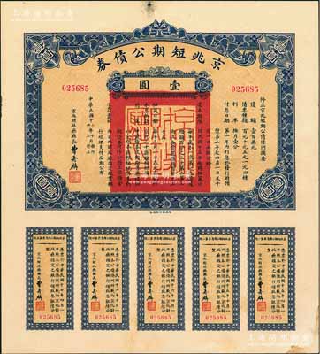 民国十三年（1924年）京兆短期公债券壹圆，属北洋政府老北京之市政公债，由京兆财政厅长曹寿麟签发，附带完整息票，少见，未折九成新