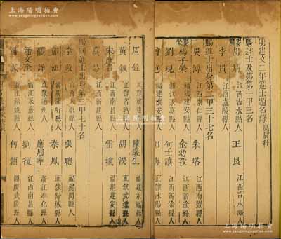 1400年《明建文二年进士题名碑录（庚辰科）》1册，内中详列一甲、二甲和三甲进士共110人之名次、籍贯等情，且包含状元胡靖（永乐名臣，文学家）、榜眼王艮（因貌丑由状元降为榜眼）、吴溥（名儒吴与弼之父）、胡濙（寻访建文，历仕六朝）等诸多名人，属明代科举之重要历史文献，罕见且保存尚佳，敬请预览