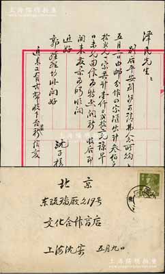 1962年著名钱币收藏家沈子槎（浙江湖州籍）致京城钱币名家骆泽民信札一通，事为因故不能去北京各民主党派开会，望寄拓片以便购买，内中且提及罗伯昭、“天佑背三”古钱等情；源于京城前辈名家骆泽民先生之遗存，附带信封，保存尚佳，敬请预览和重视