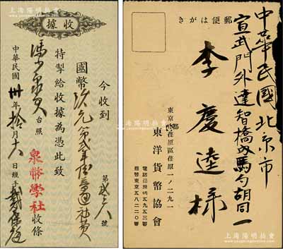 民国泉币会社会员收据共2种，详分：①1941年“中国泉币学社”普通会员会费收据1枚，发给北京钱币名家冯少泉氏，由戴葆庭亲笔签发；该学社由近代钱币收藏泰斗张叔驯、罗伯昭、戴葆庭等共同创立于1940年，先后发行《泉币》杂志32期，是中国近代最具影响力之钱币组织；②1942年（日本）东洋货币协会“会员领收证”（即会费收据）1枚，发给京城钱币收藏家李庆奎氏；源于京城前辈名家骆泽民先生之