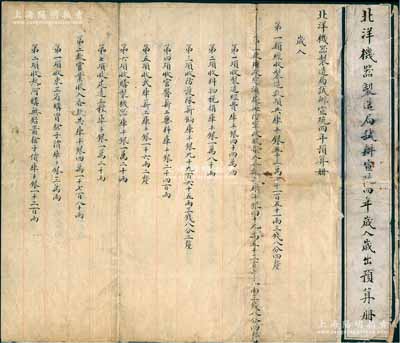 宣统三年（1911年）编制《北洋机器制造局试办宣统四年岁入岁出预算册》1本，内中预算“岁入”经手制造款项共库平银53万7千151两3钱8分4厘，“岁出”支用经常各款共库平银59万2千973两3钱7分4厘，并详列财政总汇处海防军政、制造经费、官业收入、购买机器、支付薪饷等各项明细，内容颇为详尽；北洋机器制造局是清末中国五大兵工厂之一，亦曾铸造过银币；保存尚佳，敬请预览