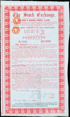 1900年（英国）伦敦证券交易所债券红色1000英镑，内有水印；张林先生藏品，罕见，八五成新