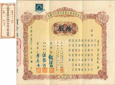 民国三十一年（1942年）河南实业银行股份有限公司股券，拾股计国币伍百圆，由董事长魏经伯、常务董事兼总经理伍锡河（1909年任大清银行长春分行经理，1912年任中国银行北京分行经理）、监察人李秀峰签署，且附带原封套；此拾股面额之实用票存世珍罕，亦属首度公诸于阳明，八五成新