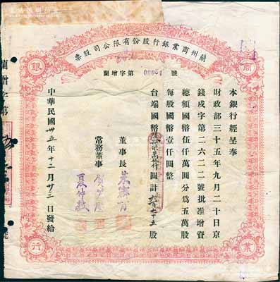 民国卅五年（1946年）兰州商业银行股份有限公司股票，红色（增资版）六百七十五股计国币陆拾柒万伍仟圆，背印息票和股票过户登记，正面附贴有1949年“强华煤矿公司临时股款收据”2张（因此股票、股据均属同一股东余能华氏之故）；此种红色增资版老股票存世珍罕（一般所见均为绿色版），亦属首度公诸于阳明拍卖，流通票无修补，七五成新