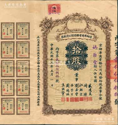 民国十三年（1924年）京师华商电灯有限公司股票，拾股计伍百圆，票上董事有江朝宗(曾任北京步兵统领)、刘若曾(清末司法大臣)、周鸿球(原北京大清银行经理)等，附带有息票，少见，八成新