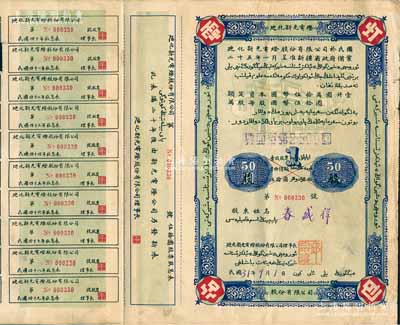 民国31年（1942年）迪化新光电灯股份有限公司股票，伍拾股计贰仟伍百圆，上印汉、维文字，附带有息票；票上理事长邱宗濬，乃民国“新疆王”盛世才之岳父，曾任新疆伊犁区屯垦使、伊犁警备区司令、新疆民政厅长等职；此种蓝色大面额股票存世珍罕，亦属首度公诸于阳明，八成新，敬请预览和珍视