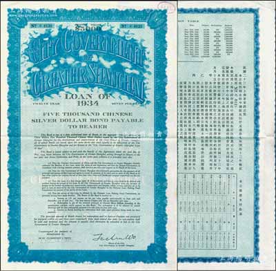 民国二十三年（1934年）上海市市政公债伍仟元，正面英文，背面有中文，由上海市市长吴铁城、新丰洋行葛勃生签名，附带有息票；海外回流品，罕见，九成新