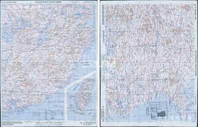 1944年抗战援华“飞虎队”飞行航图1张，丝绸质双面印刷，尺寸505×670mm，正面印有“中国东南地区航图”，背印“中国东北地区航图”，印制极为精细；此乃二战之历史实证，源于美国回流，少见且品相极佳，敬请预览和珍视