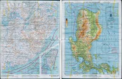 1944年抗战援华“飞虎队”飞行航图1张，丝绸质双面印刷，尺寸505×670mm，正面印有“中国东南地区航图”，背印“菲律宾吕宋岛航图”，印制极为精细；此乃二战之历史实证，源于美国回流，少见且品相极佳，敬请预览和珍视