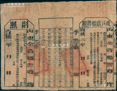 宣统二年（1910年）山东全省巡警道“吸户购烟牌照”1张，附带日期表和副照，并钤有两处“山东省巡警道关防”；此种购买“鸦片”执照存世颇为稀见，保存尚佳，背有贴纸，敬请预览