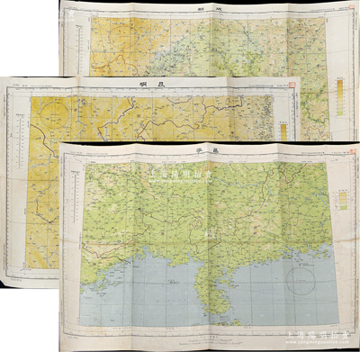 民国三十六年（1947年）《成都》、《昆明》、《邕宁（即南宁）》大型彩色地图共3份不同，由空军总司令部工程处实施规划科编制，尺寸均为735×555mm，其上印制精细，对三地之地理和航标等均有详尽之描述，且背印图例、图幅结合表、本图各大城市图等；此三图均属昔年之军用地图，背盖“空军总司令部机密地图”等戳记，少见且保存甚佳，敬请预览