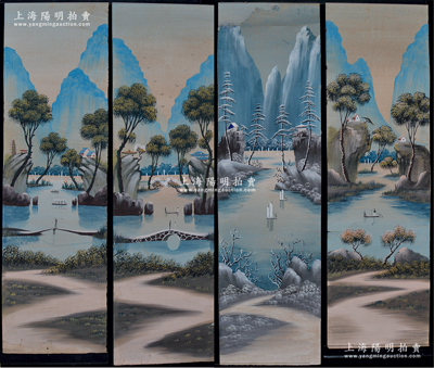 民国时期“广告风景画原稿”四条屏一套，尺寸均约256×850mm，其上画工精湛、色泽丰富，保存较佳，敬请预览