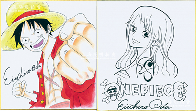 日本著名漫画家尾田荣一郎（Eiichiro Oda）亲笔手绘《海贼王》签名版漫画原稿共2幅，内含“路飞”（彩色）、“娜美”（线稿）各1幅，尺寸240×270mm；品相一流，敬请预览