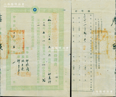 民国二十六年（1937年）无限责任闽清县泸溪村信用合作社股份证书，一股计国币贰元，上端印有国民党党徽及“我为人人，人人为我”之口号，其发行号码仅为“第九号”；福建老股票之罕见品，且见证民国中期之“国民合作运动”，八成新