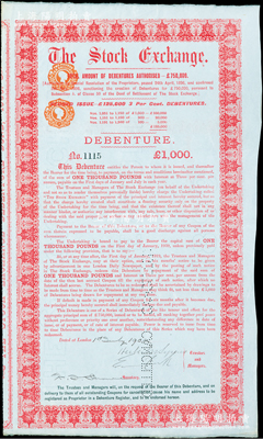 1900年（英国）伦敦证券交易所债券红色1000英镑，内有水印，罕见，八五成新