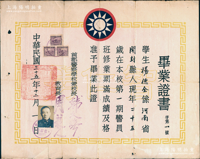 民国三十五年（1946年）“首都警察学校”毕业证书1份，发给河南开封籍学生杨德全氏，由校长韩文焕、教育长周竞之签署，罕见，保存尚佳，敬请预览