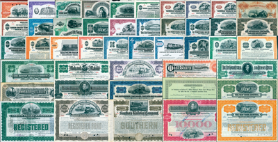 清代1885年至1976年美国大型铁路债券共45种不同，基本均八开尺寸，其面额均为定额1000美元（内含500和10000美元各1枚、5000美元2枚），且多数均为早期黄金债券，内含克利夫兰、辛辛那提、芝加哥和圣路易斯铁路，湖岸和密歇根州南部铁路、利哈伊谷铁路、纽约中央和哈德逊河铁路、纽约中央铁路、宾夕法尼亚铁路，匹兹堡、辛辛那提、芝加哥和圣路易斯铁路，雷丁铁路、南方铁路、西海