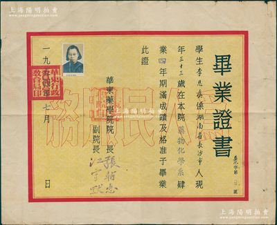 1954年南京“华东药学院”毕业证书1张，发给湖南长沙籍学生李恩虞氏，由院长张辅忠（原上海五洲固本皂药厂药部主任）、副院长江守默签发；该校历史可追溯自1936年国民政府教育部筹建的南京国立药学专科学校，迄今乃中国药科大学之前身；保存较佳，敬请预览