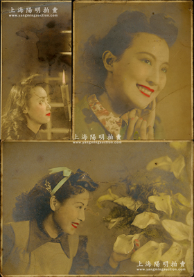 民国时期老上海著名电影女明星“周璇”历史老照片共3张不同，尺寸均为108×146mm，属手工上色之艺术照，由“良友影迷社”所摄（背有戳记），保存较佳，敬请预览