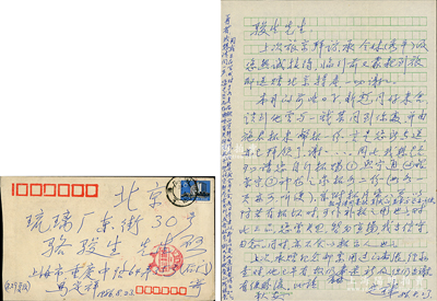 1986年著名钱币收藏家马定祥致京城骆俊生（骆泽民之子）信札一通，内中言及“施新彪与钱杰同到你处”、“请求拓赠银崇宁、神龙之泉拓等”和“我正在写书，征询资料拓片”等情，内容颇为精彩；源于京城前辈名家骆泽民先生之遗存，附带原信封，保存较佳，敬请预览和珍视