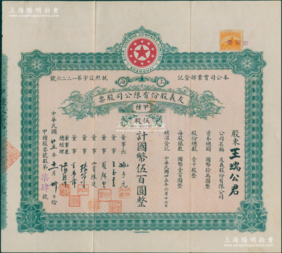 民国廿五年（1936年）上海·友义股份有限公司股票，甲种伍股计国币伍百圆，票上董事周剑云、张石川均为中国第一代电影导演；该公司创办于1936年，其前身即为著名之“明星影片公司”，可谓中国近代电影业之“开山鼻祖”；苏健先生藏品，八五成新