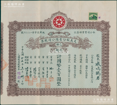 民国廿五年（1936年）上海·友义股份有限公司股票，乙种壹股计国币壹百圆，票上董事周剑云、张石川均为中国第一代电影导演，而承购股东为著名建筑师戚鸣鹤氏；该公司创办于1936年，其前身即为著名之“明星影片公司”，可谓中国近代电影业之“开山鼻祖”；苏健先生藏品，八五成新