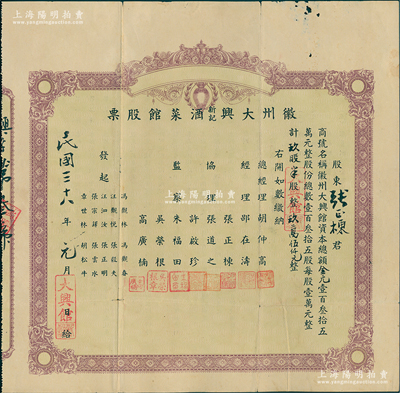 民国三十八年（1949年）徽州大兴新记酒菜馆股票，玖股半计金元玖万伍仟元，其发行号码仅为“第叁号”，股东即为经理张正栋；该酒菜馆开设于杭州江干海月桥复兴街275号，背面简章规定“盈利60%归股东分红，40%归总经理、协理、发起人、店员分红”，甚是特别；苏健先生藏品，七五成新