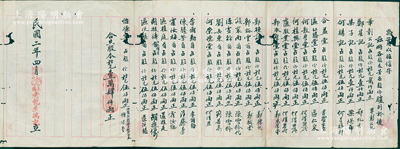 民国二年（1913年）上海老悦生鸿记“股东股份名录”1份，内中开列23名股东之占股份额，合共股本规元14000两；此乃清代老上海著名之广货店，在《中国资本主义发展史》一书中有记载；该号或属广东中山商人所创办，其股东梁焕南在“黄梁都创建（珠海斗门）和风书院序”中有提及；罕见且保存尚佳，敬请预览