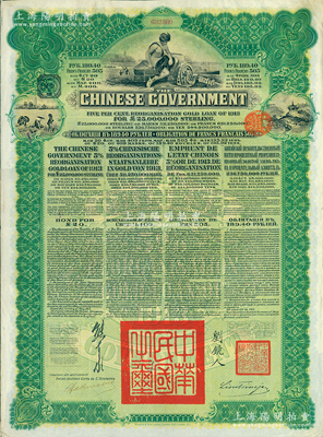 1913年中华民国政府向五国银行团善后大借款公债189.40卢布，由华俄道胜银行代理发行（属俄罗斯换发版），绿色印刷，由北洋政府总理兼财政总长熊希龄、驻俄公使刘镜人签署；海外藏家出品，八五成新